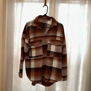 Brown and White Plaid Button-Up Shirt